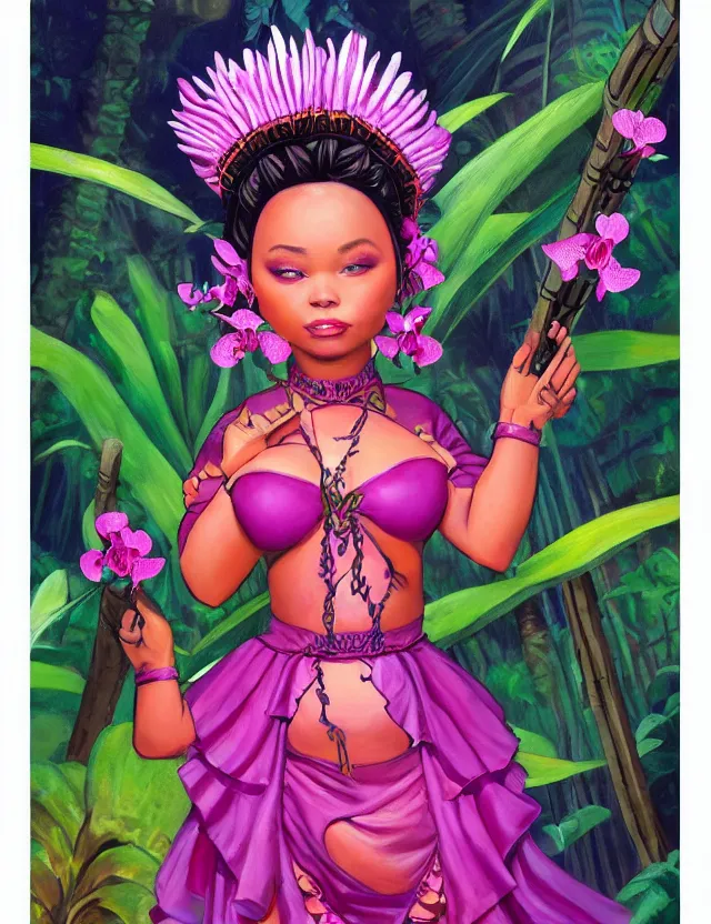 Prompt: plump aztec scifi princess of the orchid rainforest, wearing a lovely dress. this oil painting by the beloved children's comic artist has an interesting color scheme and impeccable lighting.