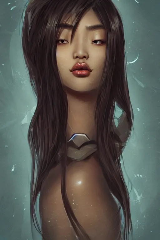 Image similar to A bust of a beautiful dark skinned Chinese girl with lovely lips and smooth eyebrows and straight hair, HD, illustration, epic, fantasy, intricate, elegant, amazing detail, digital painting, artstation, concept art, smooth, sharp focus, illustration, art by Turine Tran