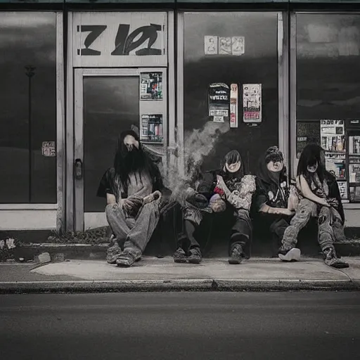 Image similar to “ group of goth punks smoking cigarettes sitting on car at an abandoned 7 - eleven convenience store, apocalyptic, photorealism, detailed ”