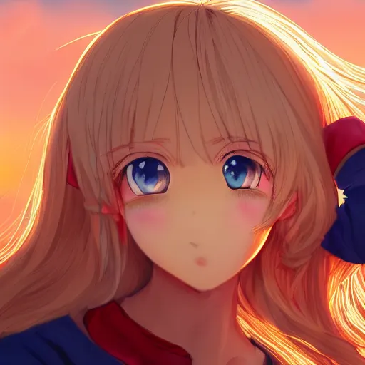 Image similar to blonde - haired princess, anime princess, wearing casual clothing, golden hour, partly cloudy sky, red clouds, orange sky, strong lighting, strong shadows, vivid hues, ultra - realistic, sharp details, subsurface scattering, intricate details, hd anime, 2 0 1 9 anime