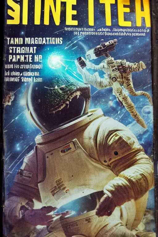 Prompt: photo of poor condition, torn, stained, vintage pulp scifi science fiction magazine cover on a table top, showing men wearing space suits shooting laser beams at a monster on an alien planet, only c 7 5, 4 k, high definition