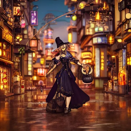 Image similar to steampunk witch making potions in the streets of japan, fairy tale, stunning, surrounding cinematic light, hyper detailed, ornate and intricate, 4 k cinematic octane render