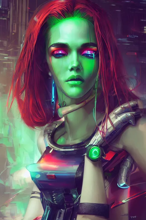 Prompt: cyberpunk woman with green hair wearing futuristic clothes and a red plaid miniskirt, beautiful face, by wlop, by artgerm, by yoshitaka amano, digital art, matte art, octane render, lineart, pop art, character art