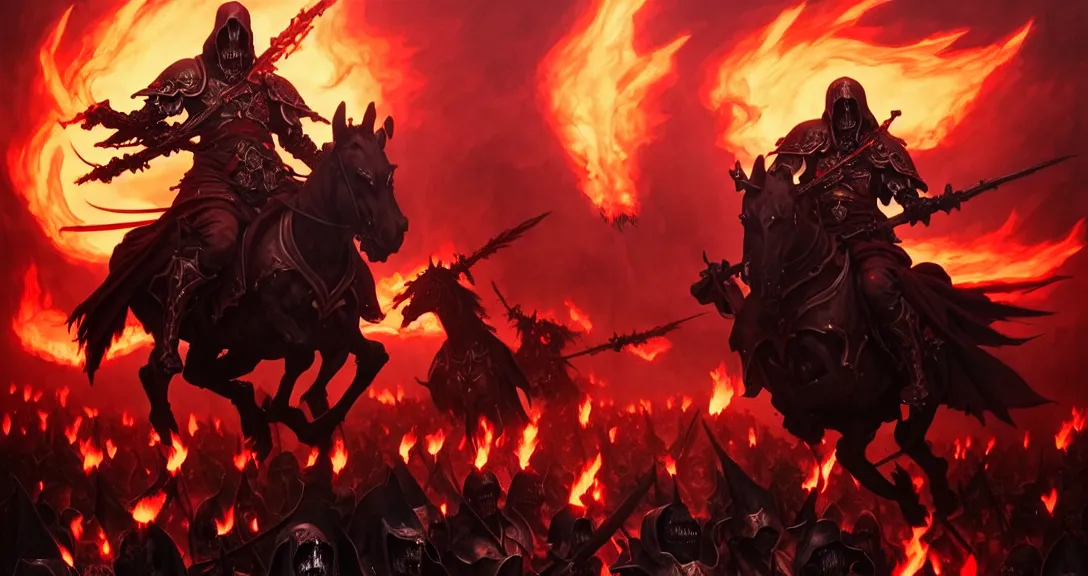 Image similar to ainz ooal gown leading his undead army to battle riding a flaming horse, undead soldiers in background, battlefield, highly detailed, deep focus, elegant, artstation, digital painting, smooth, sharp focus, illustration, ultra realistic, 8 k, art by artgerm and greg rutkowski and alphonse mucha