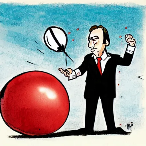 Prompt: saul goodman throwing dart at red ballon, cartoon drawing