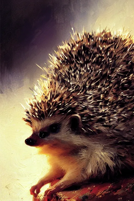 Prompt: small cute hedgehog looking up at the camera portrait dnd, painting by gaston bussiere, craig mullins, greg rutkowski, yoji shinkawa