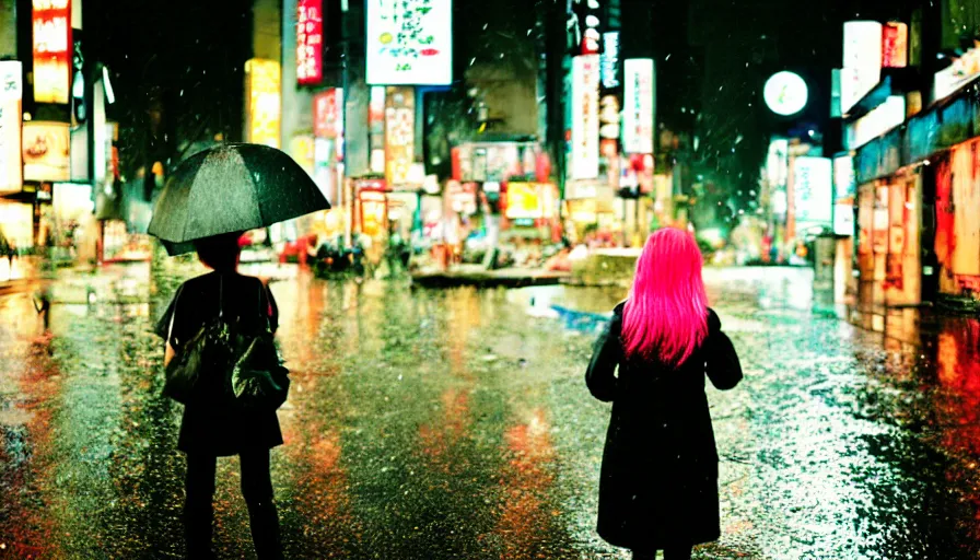 Image similar to street of shibuya photography, night, rain, mist, a girl with pink hair, cinestill 8 0 0 t, in the style of william eggleston