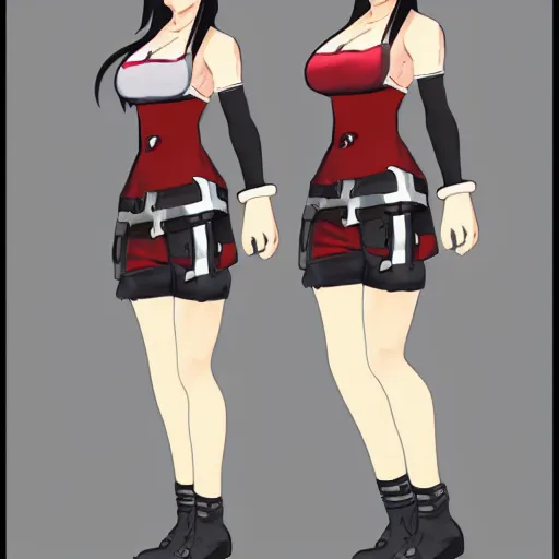 Prompt: character dresses reference sheet of Tifa from FF7