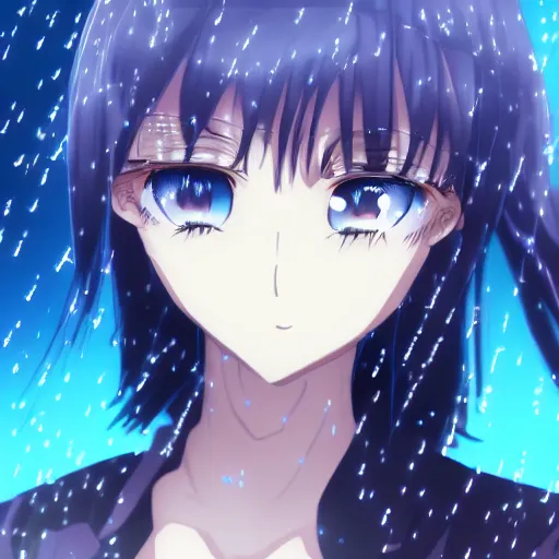 Image similar to key anime visual of a girl with glowing blue eyes; rain falling; close up shot; trending on Pixiv