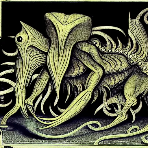 Image similar to bestiary of creatures from the depths of the unconscious psyche