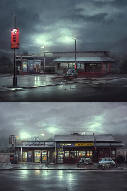 Image similar to a highly detailed matte painting of a single gas station with a sign in lightning storm and heavy rain by studio ghibli, makoto shinkai, by artgerm, by wlop, by greg rutkowski, volumetric lighting, octane render, 4 k resolution, trending on artstation, masterpiece