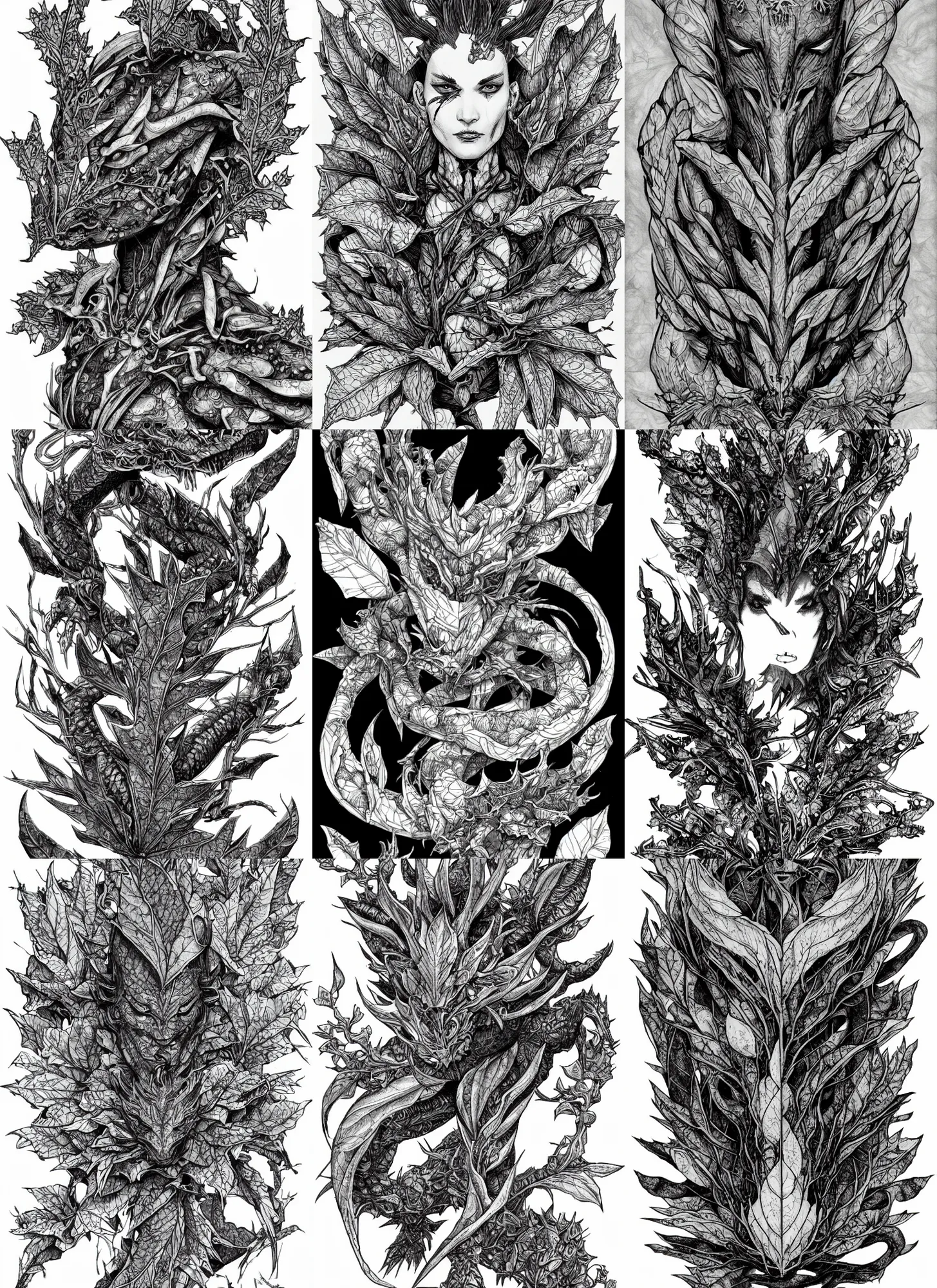 Prompt: porcelain vegetal - dragon - cyborg, magnolia leaves and stems, roots, mandelbot fractal, elegant, portrait, cyberpunk 2 0 2 0 manual, by steampoweredmikej, by tim bradstreet, inktober, ink drawing, black and white, coloring pages, manga, highly detailed