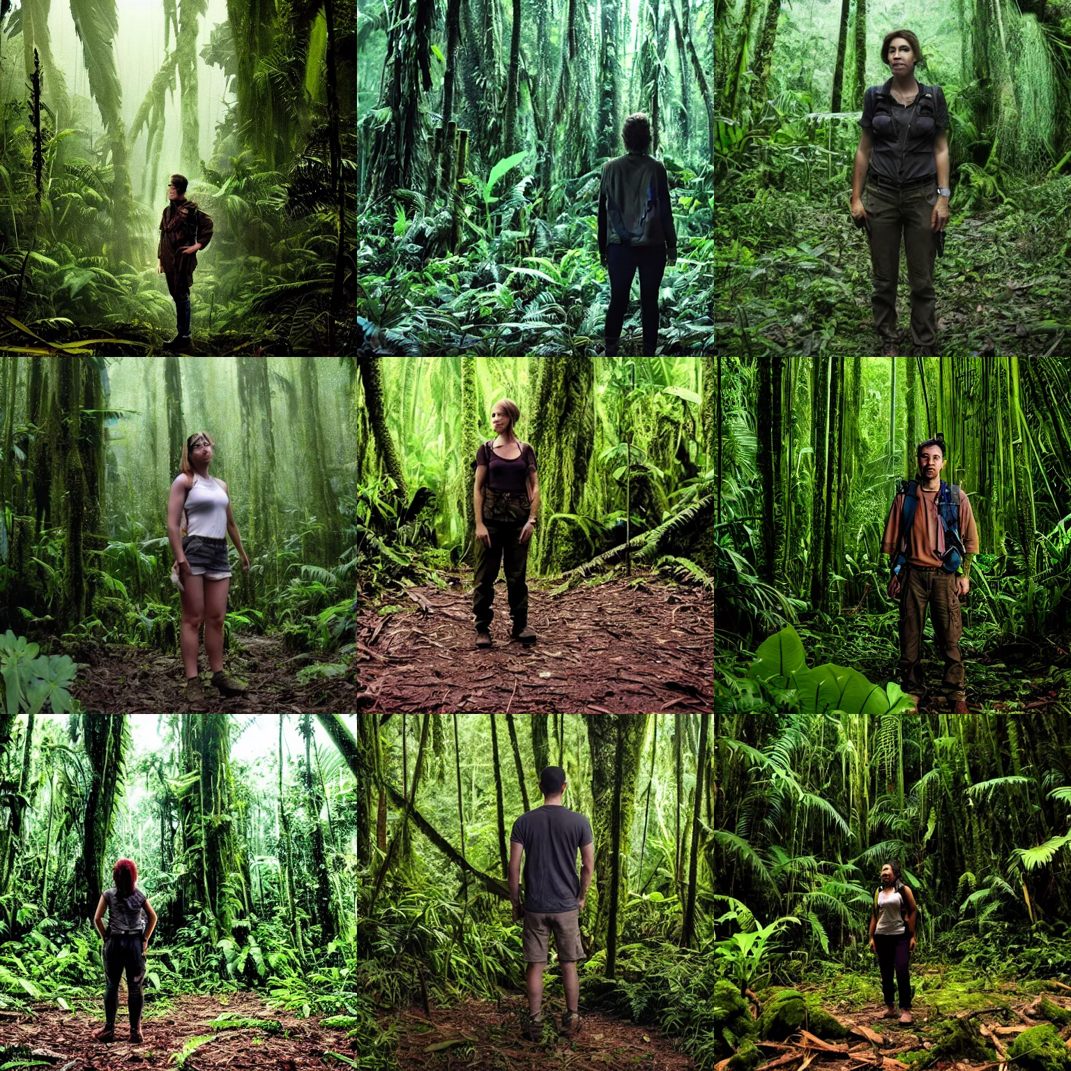 Prompt: a human researcher standing in the rainforest, post - apocalypse, cinematic