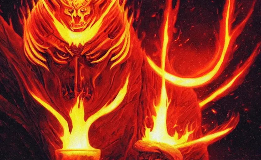 Prompt: elon musk, demon, demon king, fire, lava, banana