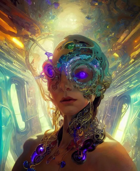 Image similar to a whirlwind of souls rushing inside the metaverse, half body, glowin eyes, tiara with sapphire, pharaoh, android, cyberpunk, d & d, fantasy, intricate, elegant, highly detailed, colorful, vivid color, digital painting, artstation, concept art, art by artgerm and greg rutkowski and alphonse mucha and ruan jia