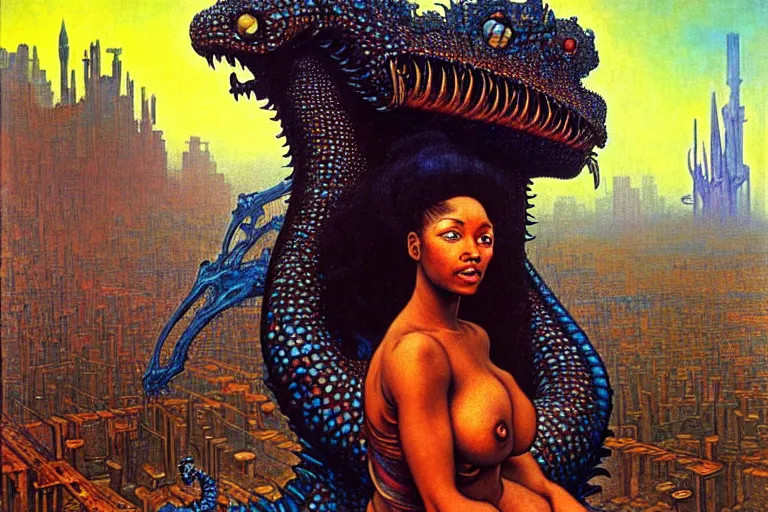 Prompt: realistic extremely detailed closeup portrait painting of a beautiful black woman with a mutant dragon, dystopian city on background by Jean Delville, Amano, Yves Tanguy, Ilya Repin, Alphonse Mucha, Ernst Haeckel, Edward Robert Hughes, Roger Dean, heavy metal 1981, rich moody colours