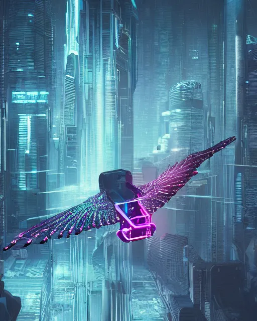 Prompt: cyberpunk bird drone above a city, scifi, futuristic, neon light, highly detailed, concept art, sharp focus, trending on artstation, intricate, atmosphere, raining, art by roman makarenko, dzung phung dinh