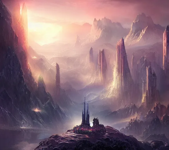 Image similar to vast beautiful epic realistic fantasy landscape with futuristic cities and iridescent crystals