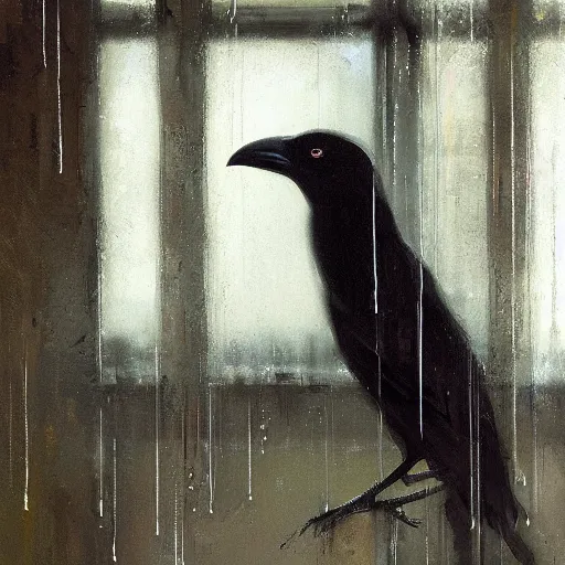 Prompt: portrait of a crow in rain, by jeremy mann.