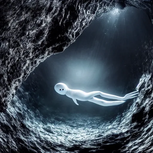 Prompt: An award winning photo of a Ningen resting in it's underwater cave, hyper realistic, 4K ultra HD