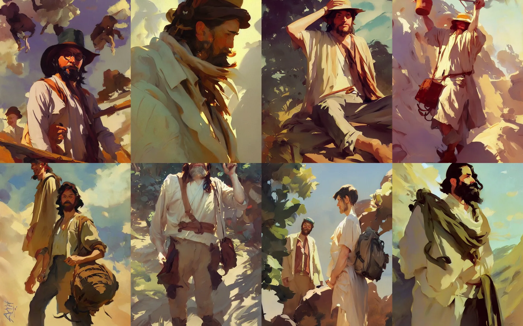 Image similar to portrait of vintage hippie men traveler greg manchess painting by sargent and leyendecker, studio ghibli, fantasy, medium shot, asymmetrical, intricate, elegant, matte painting, illustration, hearthstone, by greg rutkowski, by greg tocchini, by james gilleard, by joe fenton