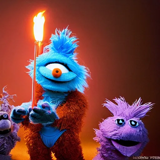 Image similar to a large fox furby muppet holding a lit torch and herding a bunch of random muppet animals following behind through a dark felt forest at night, sesame street, photograph, photography, ultrarealistic, national geographic