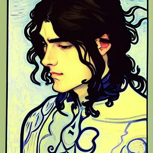 Image similar to painting of young handsome beautiful paladin elf!! man with long! wavy dark hair in his 2 0 s named shadow taehyung minjun at the blueberry party, wearing armor!, elegant, clear, painting, stylized, delicate, soft facial features, art, art by alphonse mucha, vincent van gogh, egon schiele,