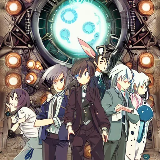 Image similar to film still Mechancial Bunny, a steampunk anime about scientists creating a mechanical bunny, art by Dice Tsutsumi, Makoto Shinkai, Studio Ghibli, playstation 2 printed game poster cover, cover art, poster, poster!!!