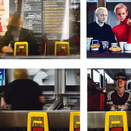 Image similar to Two different people sitting at a booth in McDonalds, one of the people is Draco Malfoy, the other character is Eddie Munson, McDonalds interior background, photo