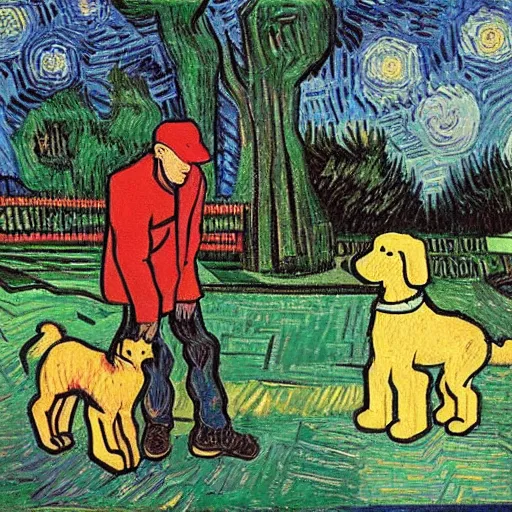 Prompt: Eminem with a dog plays with wooden blocks at Central Park painting by van gogh