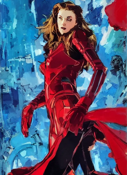 Image similar to marvel scarlet witch, wearing futuristic cybernetic battle armor, by ashley wood, yoji shinkawa, jamie hewlett, 6 0's french movie poster, french impressionism, vivid colors, palette knife and brush strokes, dutch angle