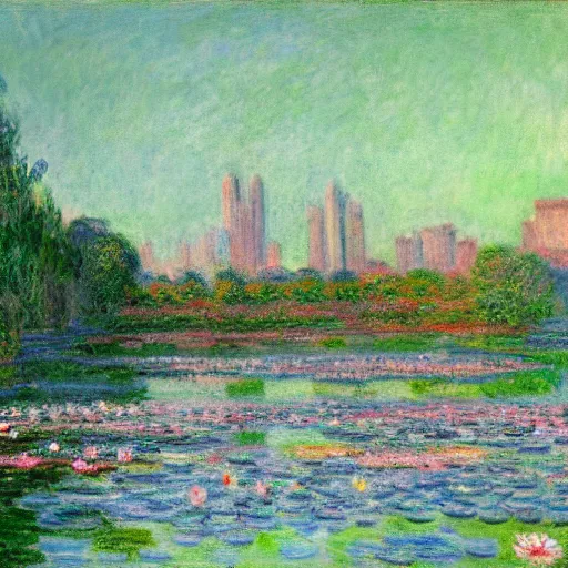 Prompt: monet's the water lily pond with a city scape in the background, neon high - rises