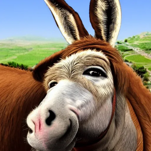 Image similar to donkey sitting on benjamin netanyahu picture, photorealistic, detailed, photograph