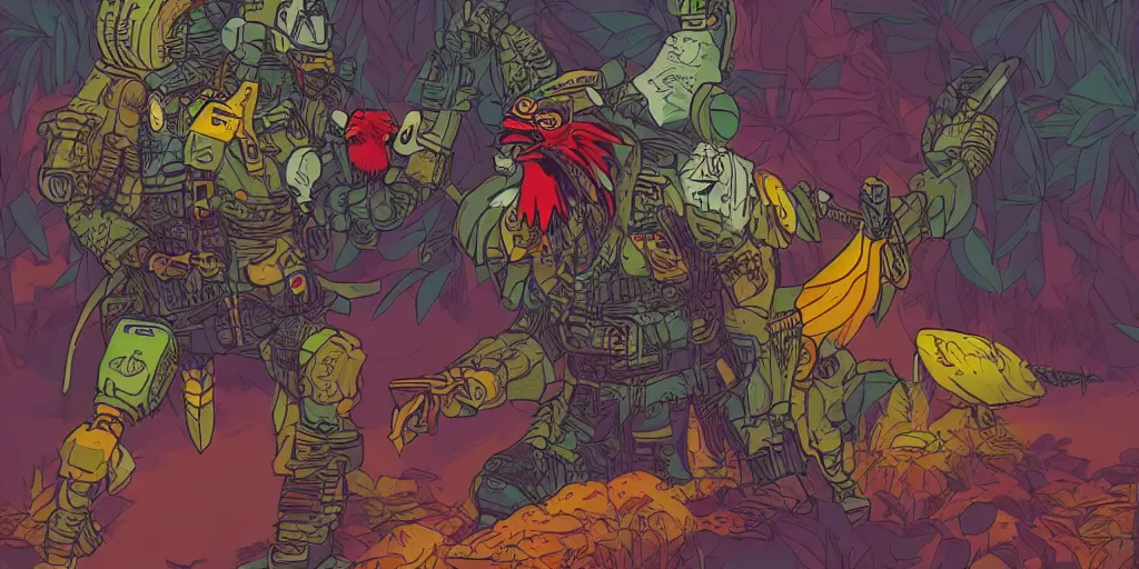 Prompt: colorful illustration of a fully armoured fighting rooster in a dense jungle, mix of styles, dieselpunk, ghost in the shell color scheme