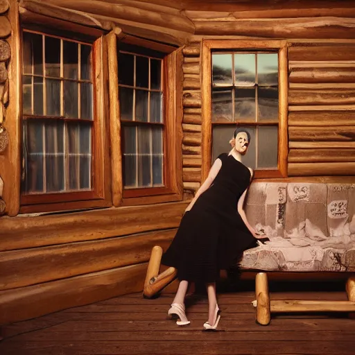 Prompt: medium format photograph of a surreal fashion shoot in a log cabin, camera flash