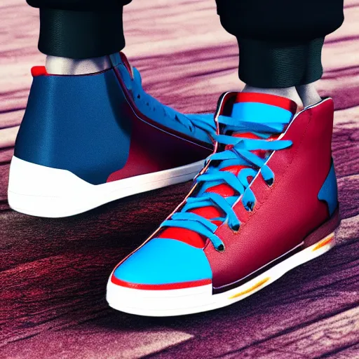 Image similar to Among us crewmate wearing large high-top basketball sneakers, colorful leather shoes, photorealistic, 3D render