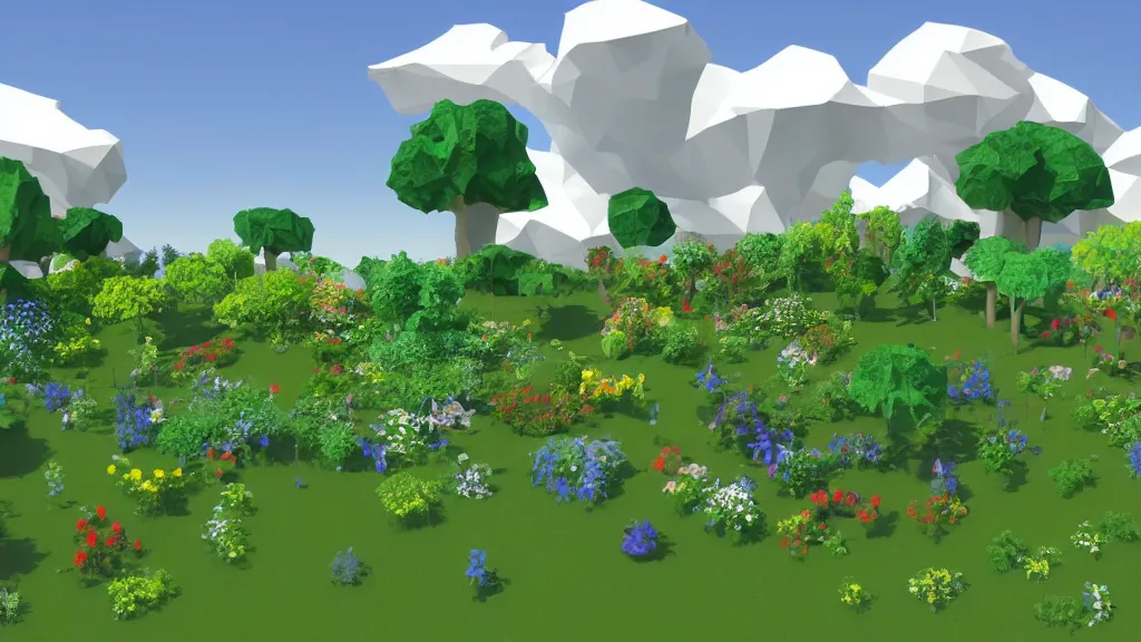 Prompt: an early 3 d low polygon garden with blue skies, landscape, no man's sky * *