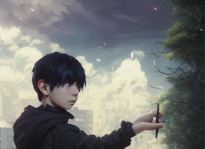 Image similar to highly detailed portrait of a boy with thunder powers, in tokyo ghoul, stephen bliss, 8 k, unreal engine, fantasy art by greg rutkowski, loish, rhads, ferdinand knab, makoto shinkai and lois van baarle, ilya kuvshinov, rossdraws, tom bagshaw, global illumination, radiant light, detailed and intricate environment