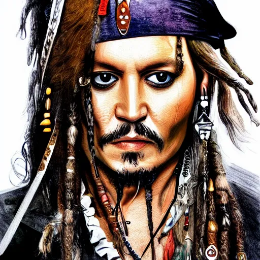 Image similar to portrait of johnny depp as captain jack sparrow, highly detailed, centered, solid color background, digital painting