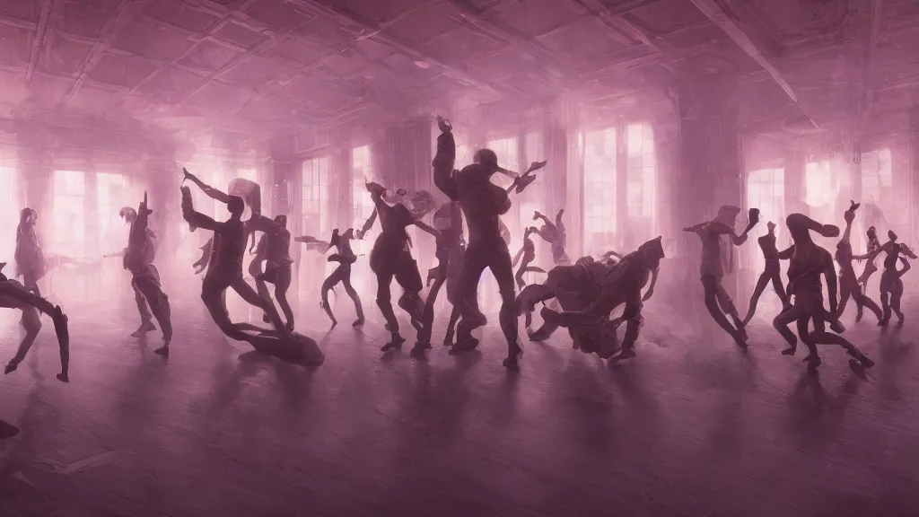 Image similar to group of cyborgs dancing in a 1 8 th century room in the sky, in different depth, large windows, modern city outside of big windows, cables everywhere, cables on walls, wooden parquet, volumetric lighting, concept art, bladerunner, ex machina, depth haze, cinematic, golden and pink, 4 k