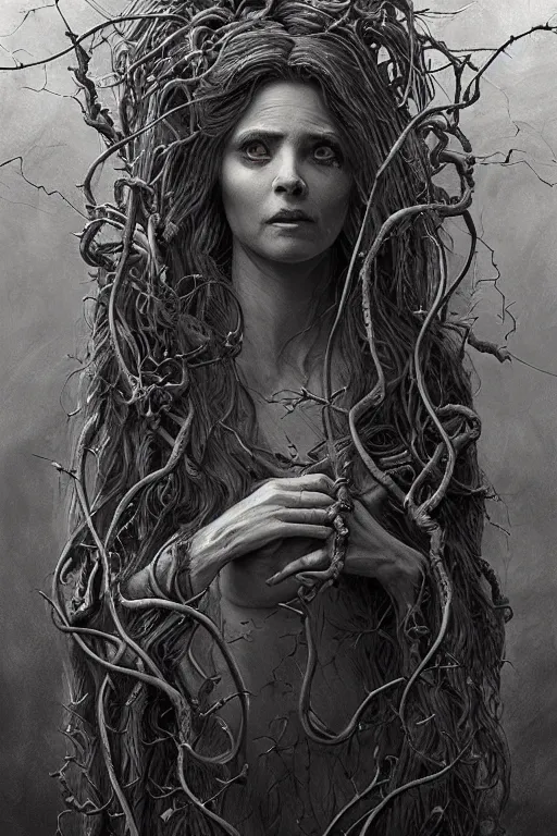 Prompt: realistic portrait beautiful detailed matte painting of cinematic movie scene a crazed old woman with long white hair, tentacles, thorns, vines, horror, created by gustave dore and greg rutkowski, high detailed, smooth draw, synthwave neon retro, intricate, realistic proportions, dramatic lighting, trending on artstation.