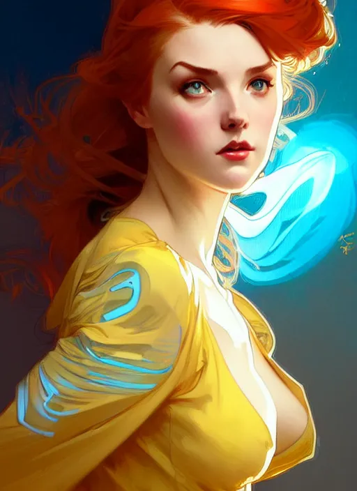 Image similar to digital character concept art by artgerm and greg rutkowski and alphonse mucha. clear portrait of a pin - up young wife, redhead, blue and yellow clothes, light effect. hyper detailed, intricate, elegant, digital painting, artstation, smooth, sharp focus