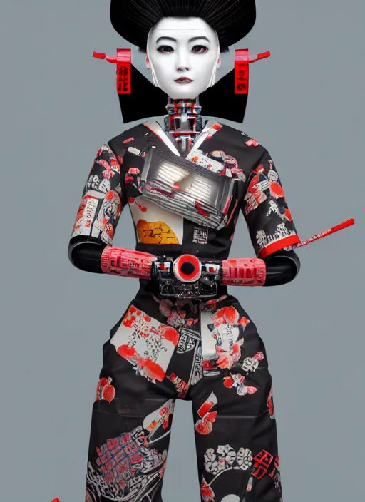 Prompt: full body portrait of a japanese punk geisha robot with kanji tattoos and decals wearing a digital pixelated kimono, intricate design, photo - realistic, octane render, dark colour palette, ultra fine detailed, character design, trending on artstation