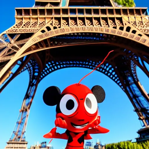 Image similar to Superhero Ladybug from Disney posing in front of the Eiffel tower in front of a blue sky on a sunny day, dynamic camera angle