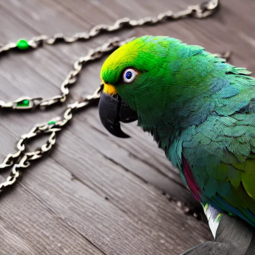 a photo of a green parrot with black sunglasses and a Stable
