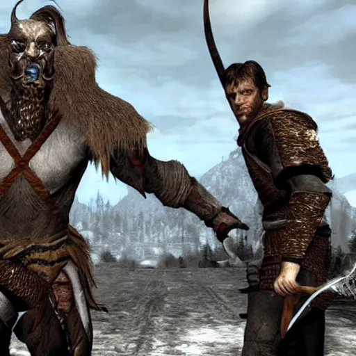 Image similar to willem dafoe in skyrim giant with a club