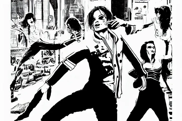 Image similar to michael jackson dancing, a page from cyberpunk 2 0 2 0, style of paolo parente, style of mike jackson, adam smasher, johnny silverhand, 1 9 9 0 s comic book style, white background, ink drawing, black and white