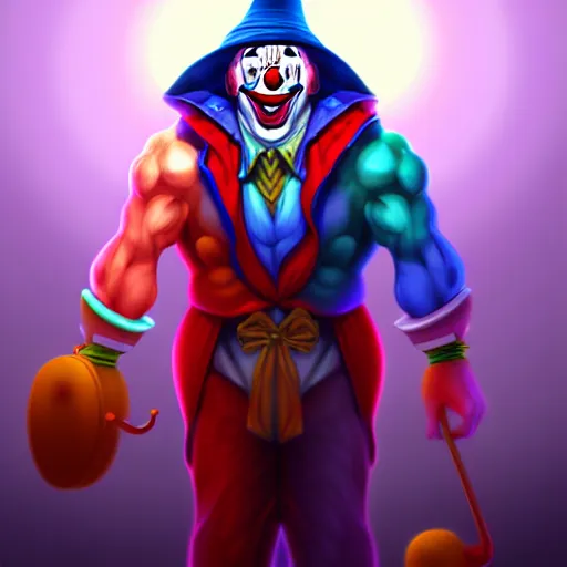 Image similar to buff wizard clown, digital painting, digital art, artstation, devian art, 4 k, hd