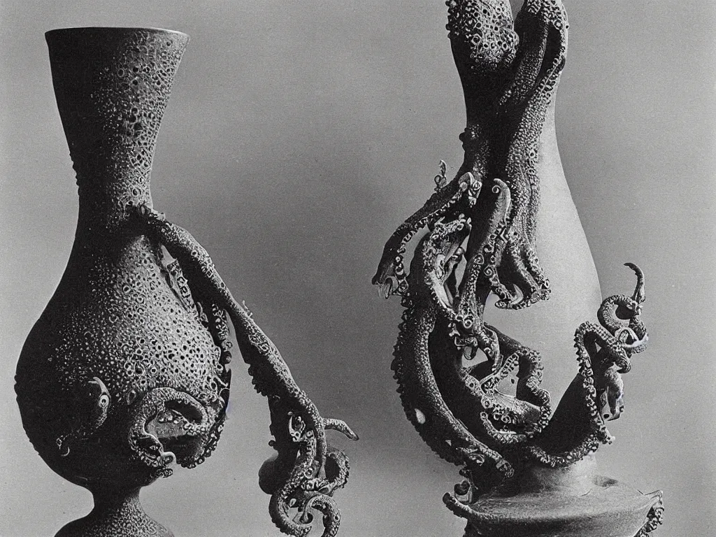 Image similar to flaming gothic stone vase, pot, jug in the shape of octopus. karl blossfeldt, salvador dali