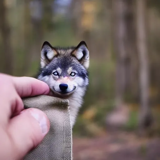 Image similar to photo of a tiny pet timber wolf sticking out of a pocket